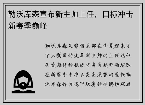 勒沃库森宣布新主帅上任，目标冲击新赛季巅峰