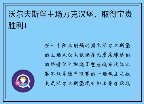 沃尔夫斯堡主场力克汉堡，取得宝贵胜利！